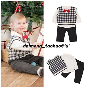 定制100-140码春款男童男宝蝴蝶结衬衣针织背心长裤绅士三件套装