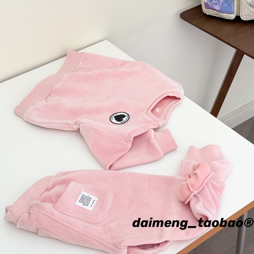 包邮！不打折100-155码出口韩冬女童粉色条绒内里加绒卫衣运动裤