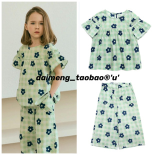 120-150码出口韩春夏款女童圆领绿色满印甜美T恤花边口袋裤分开卖