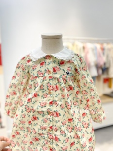 80-120码春夏款女童女宝满印碎花白翻领甜美可爱八分袖连衣裙