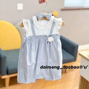 75-80码出口韩夏款女童女宝花边圆领甜美条纹假两件无袖连体爬服