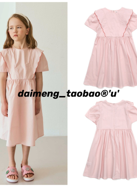 110-150码出口韩夏款女童女宝粉色圆领拼接花边刺绣短袖连衣裙