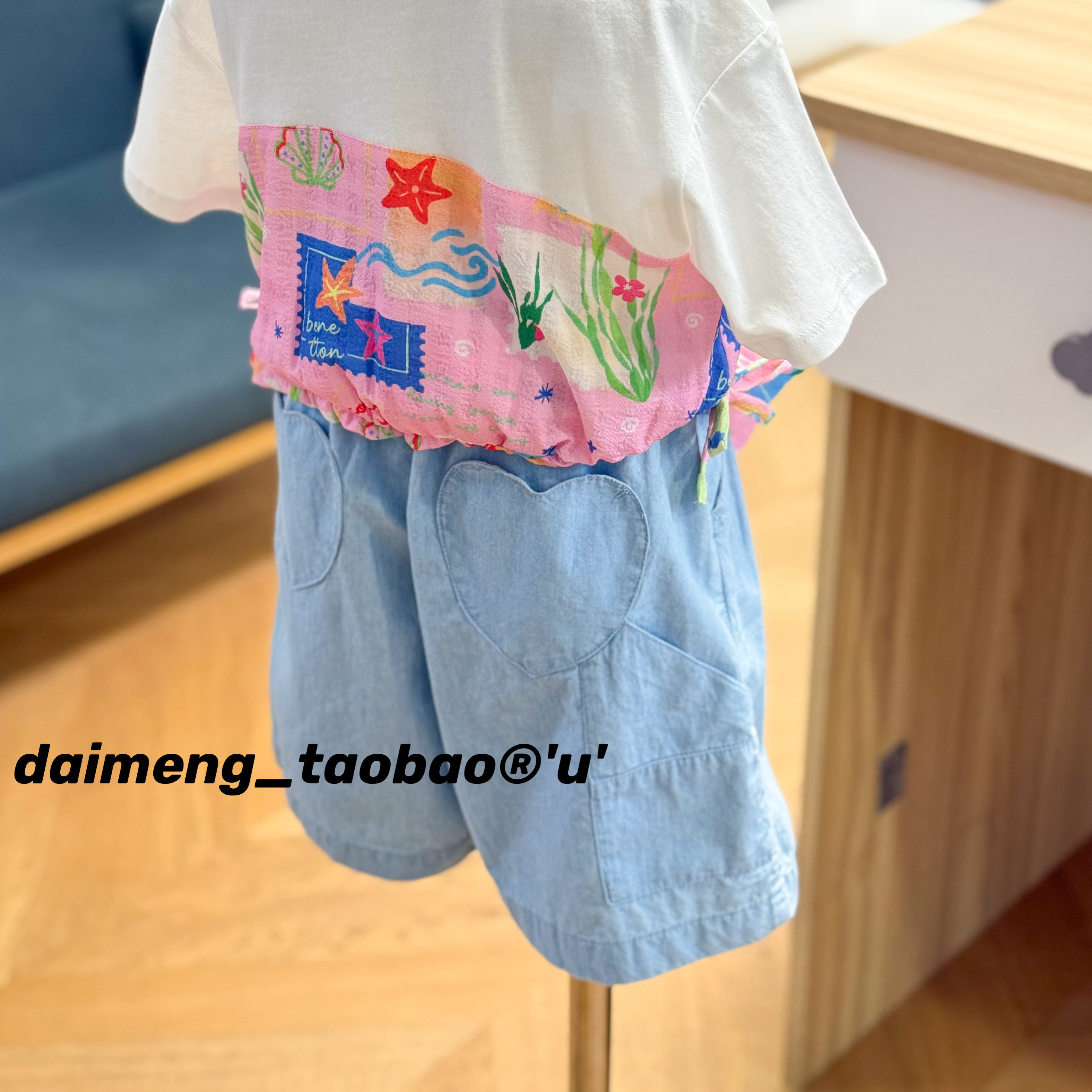 110-160码出口韩夏款女童中大童浅蓝松紧腰清新甜美爱心直筒短裤