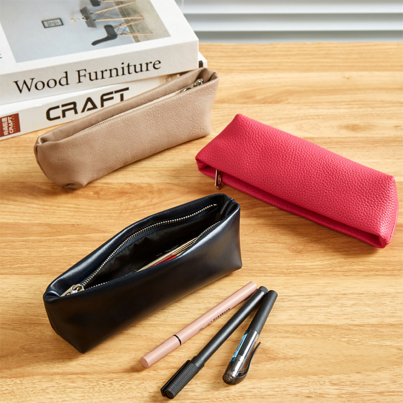 真皮化妆包简约收纳大容量笔袋头层牛皮拉链文具包商务办公钢笔收