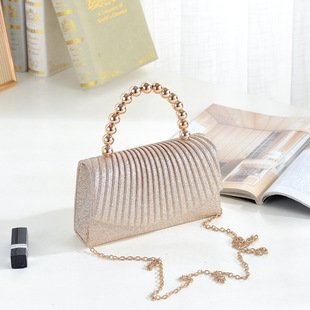 闪闪褶皱手拿包珍珠串手提小方包典雅礼服晚装包翻盖名媛晚宴包