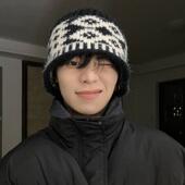 复古拼色毛线帽男秋冬保暖显脸小针织帽子韩系保暖ins护耳冷帽潮