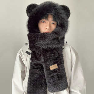 小熊毛绒帽子围巾一体男款冬季情侣秋冬款三件套冬天保暖2024新款