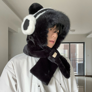2025新款韩版小熊毛绒帽男冬季加厚保暖护耳骑车围脖一体百搭帽子