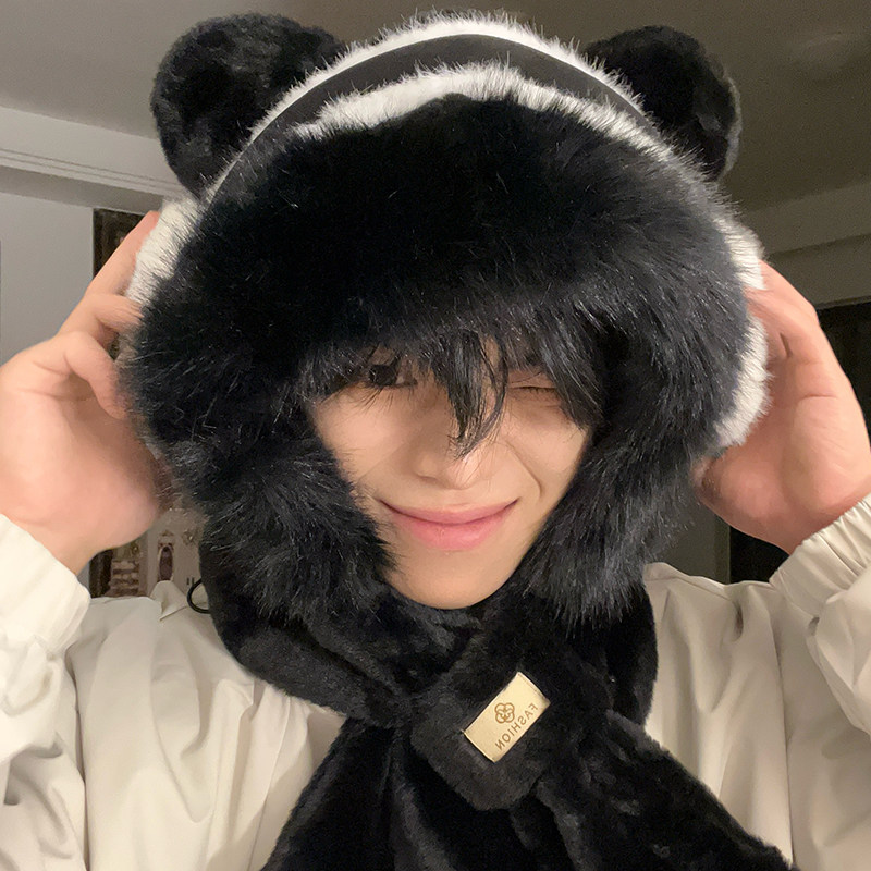 2025新款户外旅游骑行韩系百搭毛绒小熊帽子围巾一体男款保暖防寒,服饰配件/皮带/帽子/围巾,帽子,淘宝优惠券,粉丝福利购,淘宝优惠卷