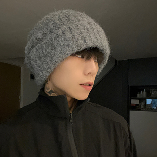 潮 秋冬灰黑色针织冷帽棉帽保暖大头毛线帽男冬季 2024新款 帽子男款