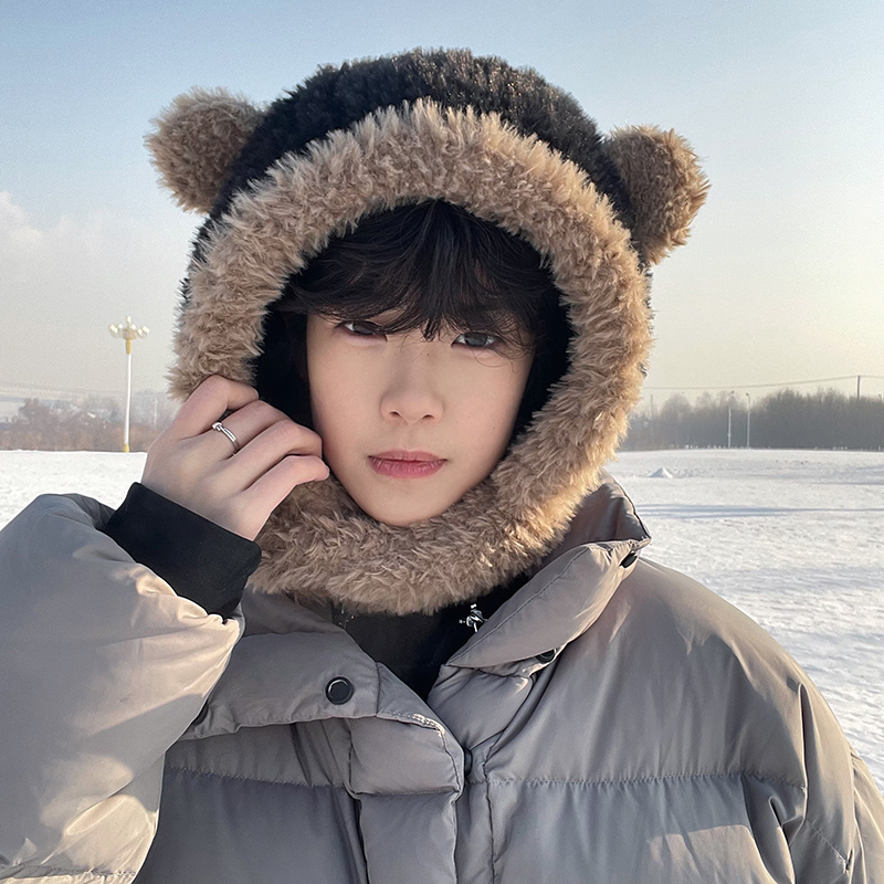 韩版百搭小熊护耳连体帽男士情侣