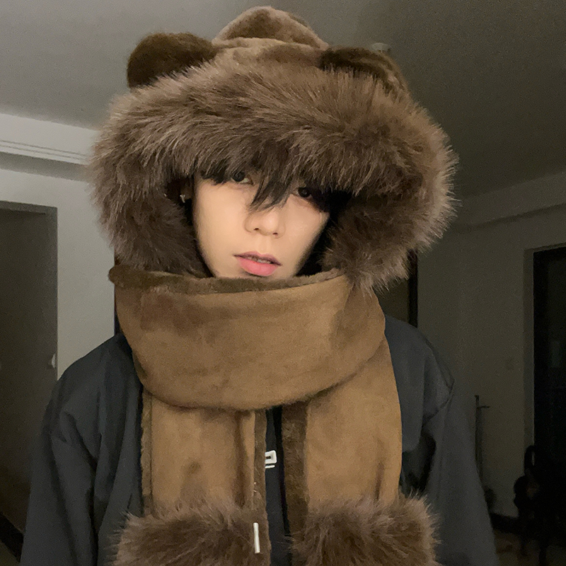 2025新款韩系潮毛绒帽子围巾一体