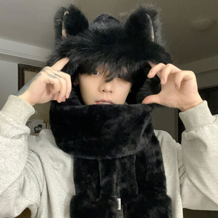 2025新款毛绒帽子围巾手套三件套男冬季加厚保暖护耳户外一体帽潮