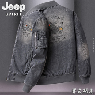 JEEP吉普春秋季夹克牛仔工装外套男宽松大码潮飞行员棒球领上衣服