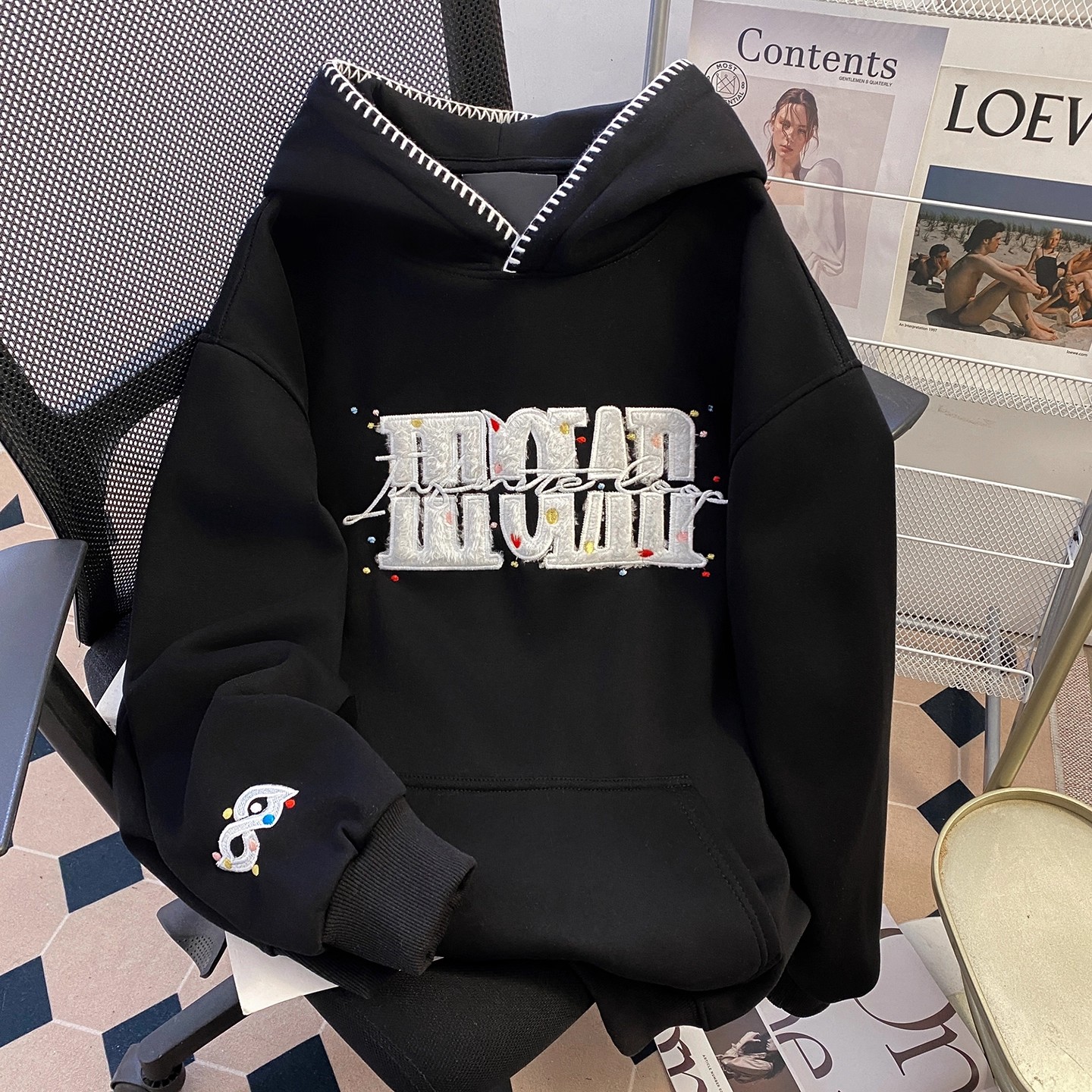 美式复古字母刺绣潮流纯棉连帽加绒卫衣男款青少年设计感潮牌外套