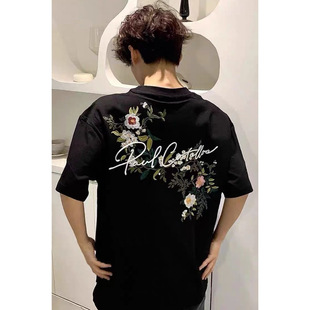 复古宽松情侣装 美式 上衣潮 t恤男花卉刺绣国潮新款 纯棉痞帅短袖