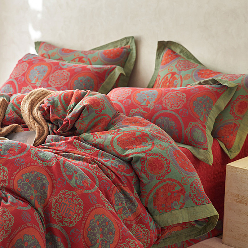 全棉双层纱床盖款四件套复古色织提花a类纯棉纱布夹棉加厚床品冬,床上用品,床品套件/四件套/多件套,淘宝优惠券,粉丝福利购,淘宝优惠卷