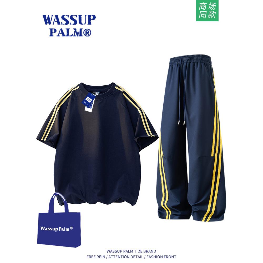 WASSUP PALM运动服套装男女2025新款夏季宽松休闲短袖长裤两件套