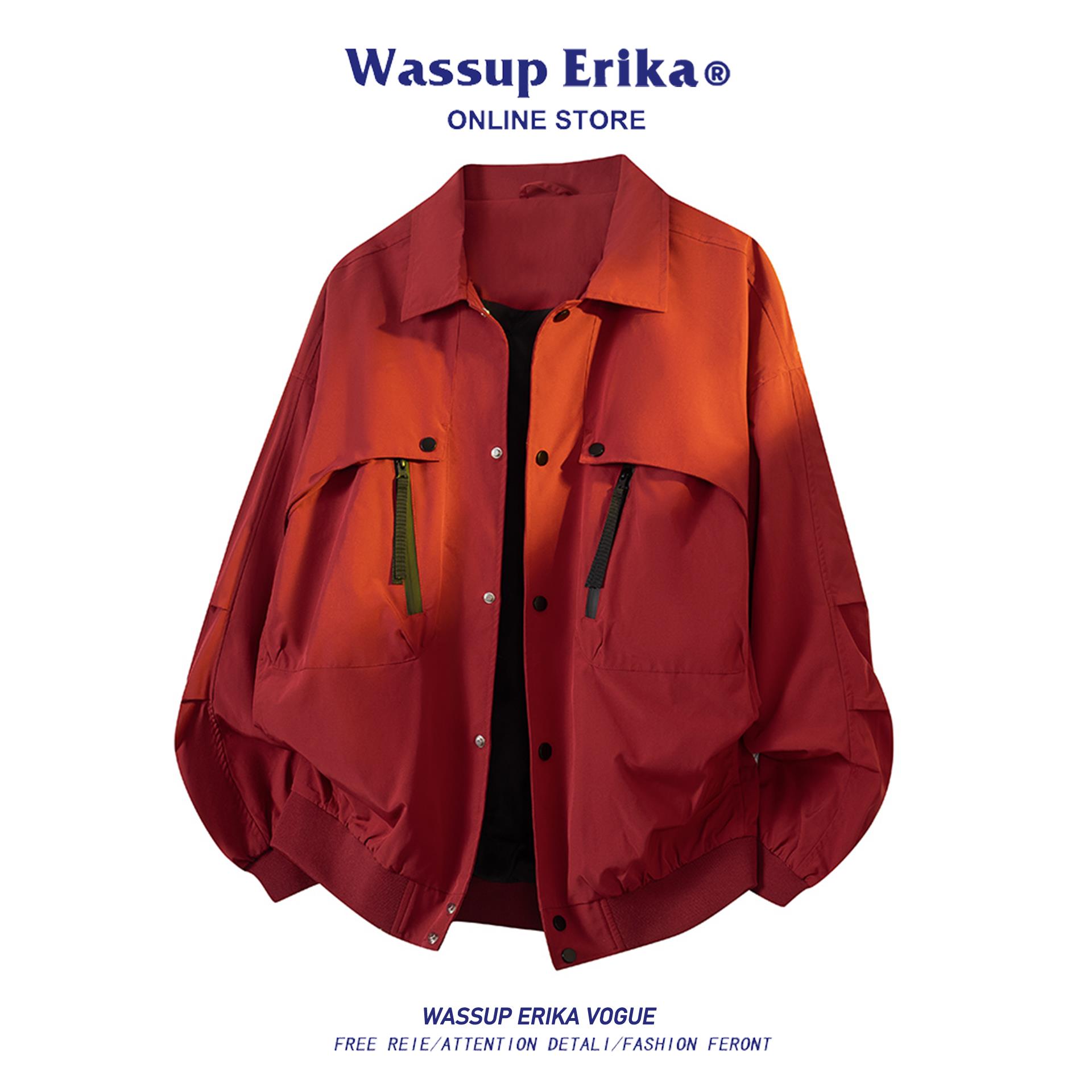 WASSUP ERIKA美式复古工装夹克外套男秋季2025新款红色翻领外套女