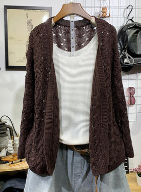 2025春秋大码宽松镂空毛衣休闲开衫外套女装长袖针织衫棉外搭上衣