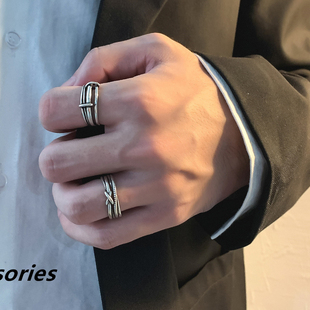 韩国编织镂空戒指复古男可调节半开口银色戒指ins冷淡风情侣戒指