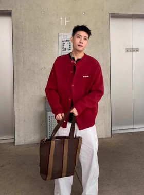 圣诞氛围风红色针织开衫男慵懒风高级感毛衣外套韩版宽松毛线上衣