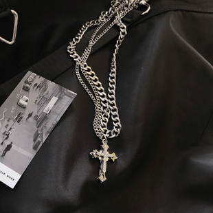 街头嘻哈风多条项链银色金属十字架短款链子男韩版多层次项链配饰