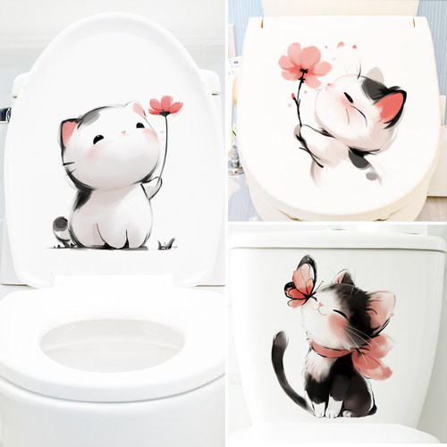 洗手间马桶装饰贴纸自粘猫咪治愈系房间布置可撕出租屋改造墙贴画