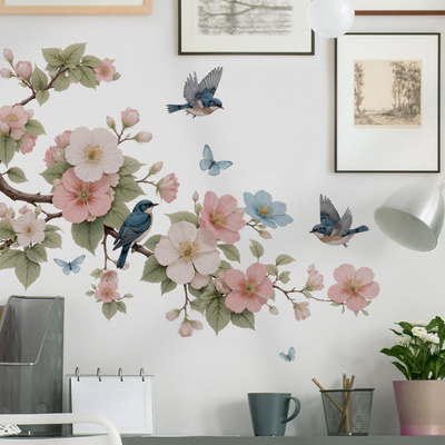 枝头飞鸟花朵国风中式墙贴纸自粘房间装饰布置贴画出租屋改造床头