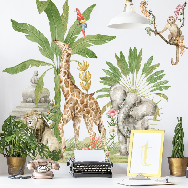 热带雨林植物墙贴纸大象长颈鹿猴子动物幼儿园教室儿童房间房门贴