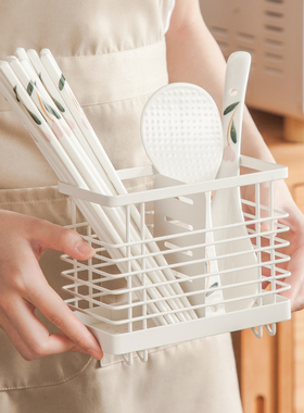 日式白色沥水筷子笼壁挂厨房台面筷笼篓勺子家用免打孔铁艺置物架