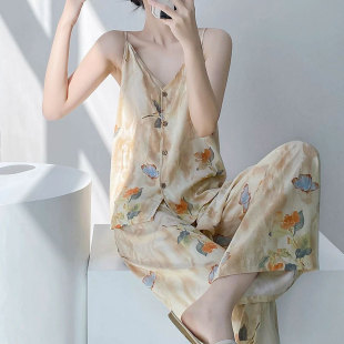 甜美可爱高级感女家居服可外穿棉绸套装 夏天睡衣女春秋季 吊带短裤