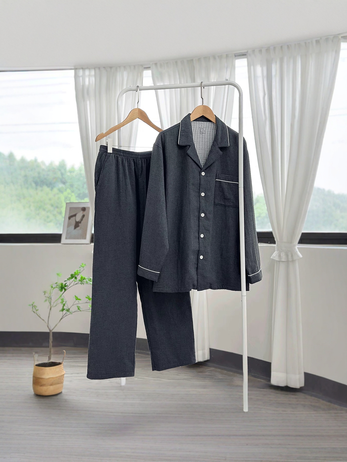 無(wú)印風(fēng)色紡全棉雙層紗布睡衣男女款家居服套裝可外穿春秋高級(jí)感
