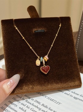 红色爱心平安吊坠彩色滴油项链女秋冬轻奢小众毛衣链长款高级感