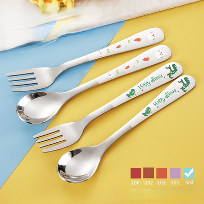 Stainless Steel Children Spoon Fork Animal Cartoon Car Dinos