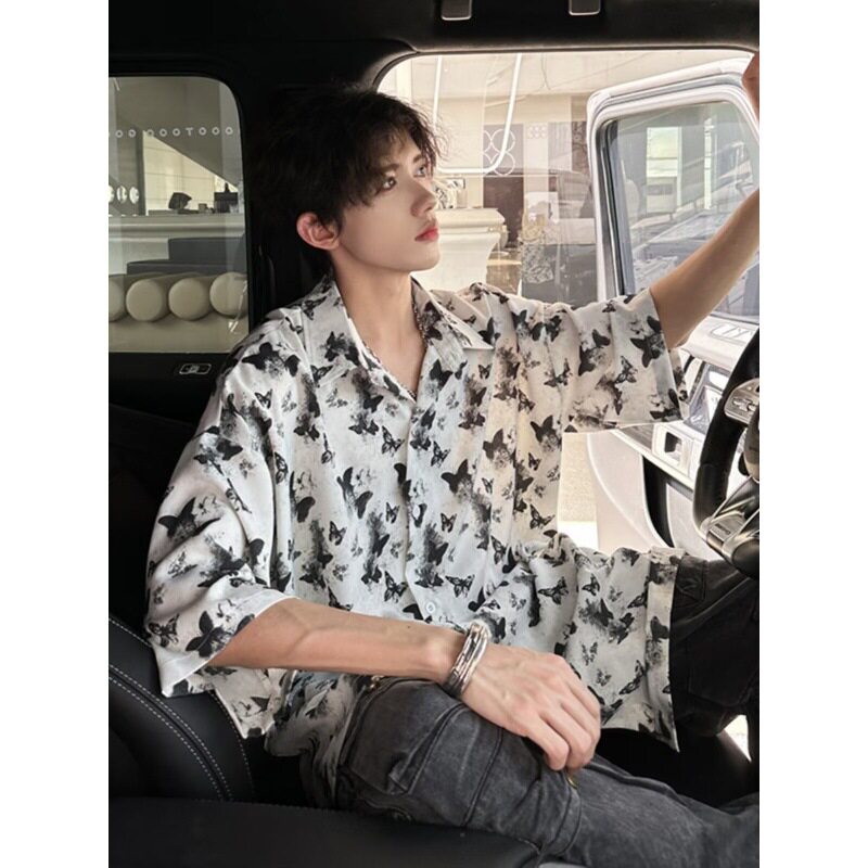 夏季男士蝴蝶印花宽松短袖衬衫