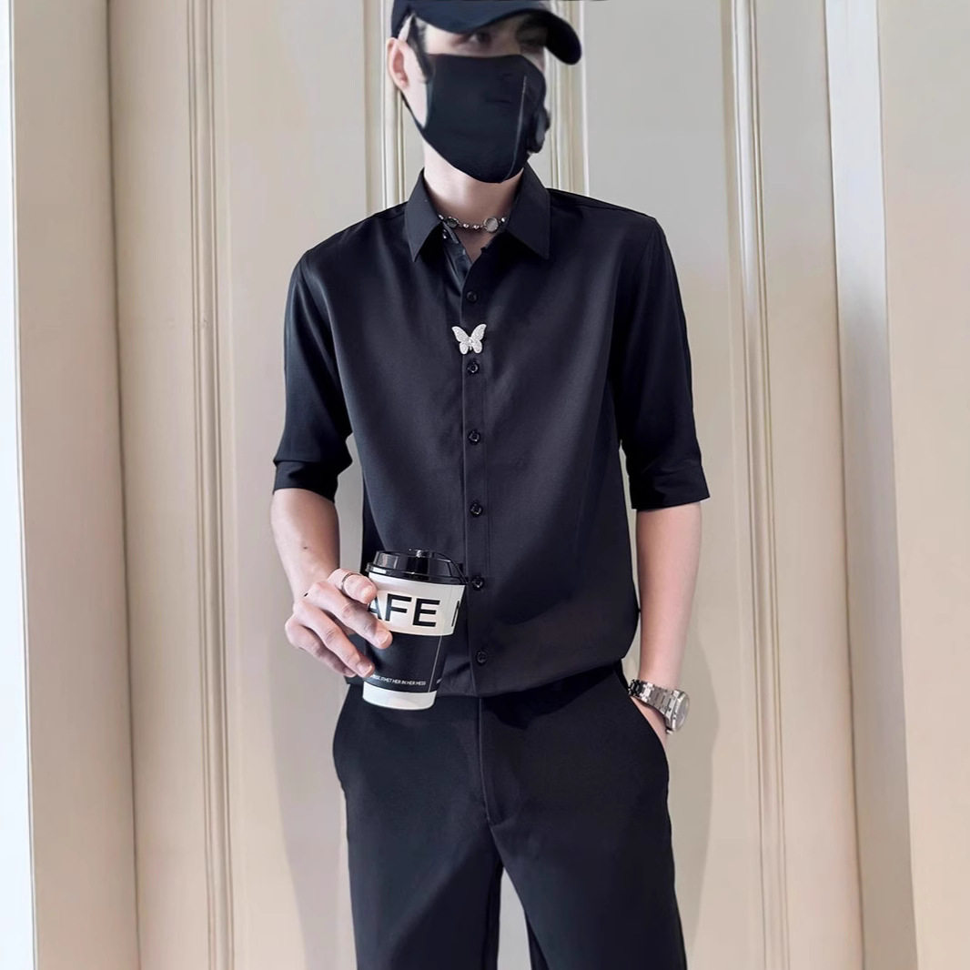 夏季男士冰丝七分袖衬衫高级感