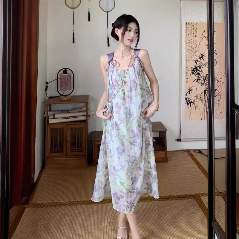 夏季甜美紫色碎花吊带连衣裙