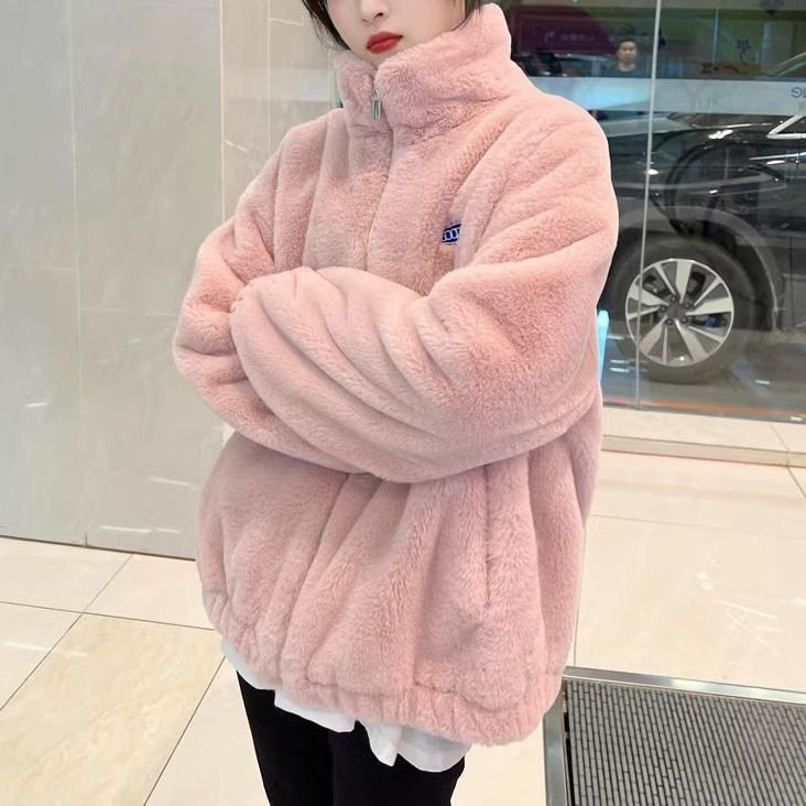 奶fufu小香风粉色羊羔毛棒球服