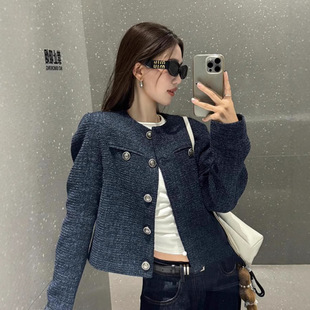 藏蓝色正肩小香风千金外套女款早秋季小个子短款夹克上衣韩系穿搭