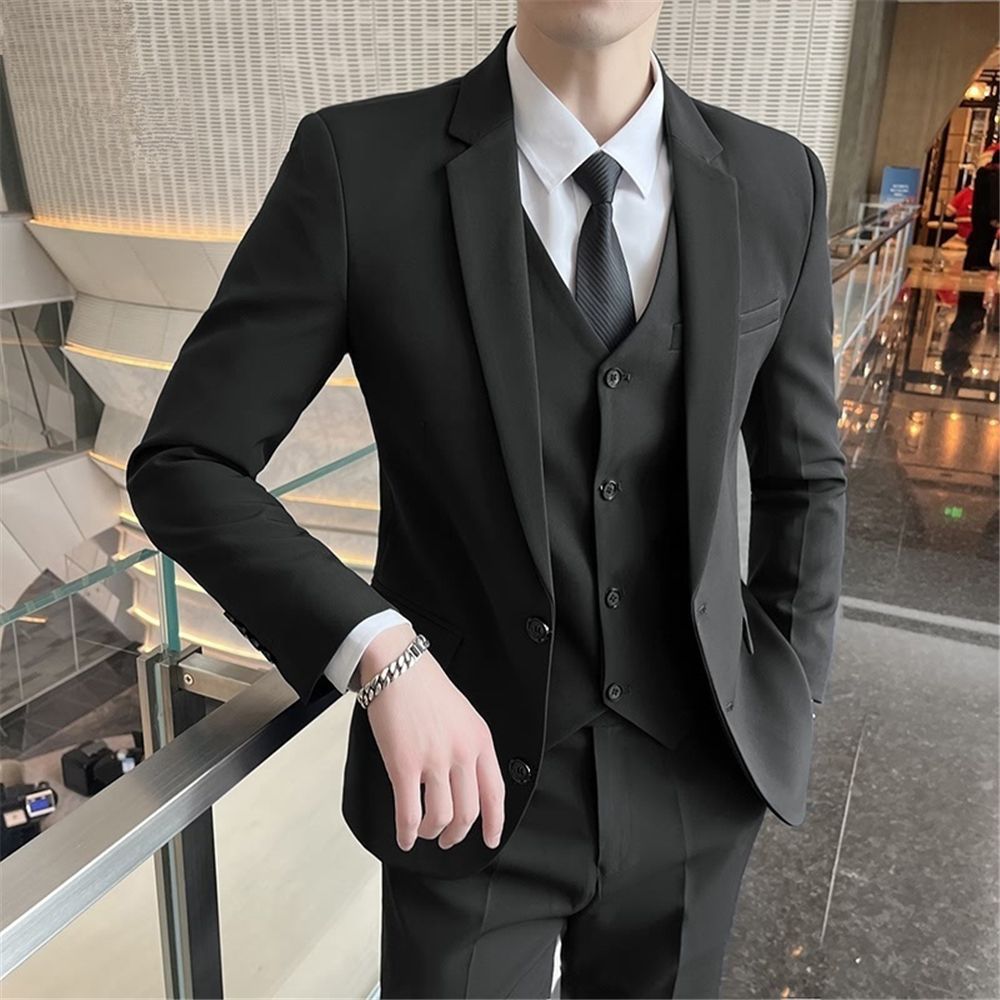 高级西装男一整套垫肩西服马甲套装男士商务制服结婚礼服