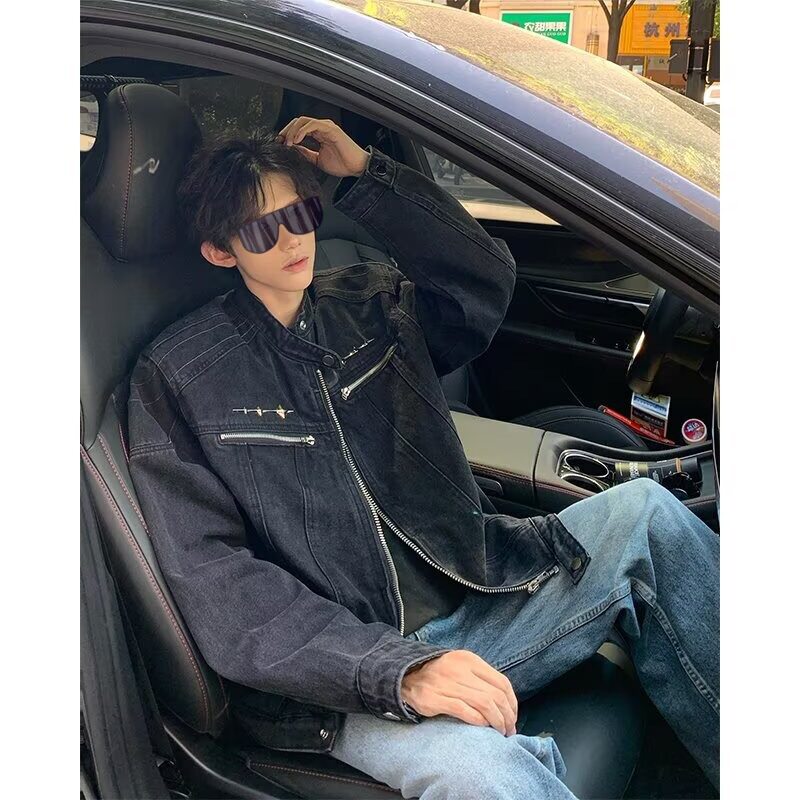 美式痞帅牛仔金属拉链男夹克图片