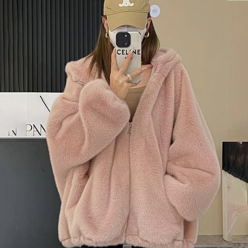 秋冬女加厚连帽仿水貂绒短款棉服