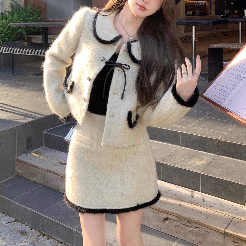 辣妹秋冬撞色外套短裙两件套女