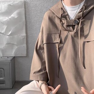 夏季男装连帽短袖T恤男大码五分袖薄款卫衣男款夏装运动上衣服潮