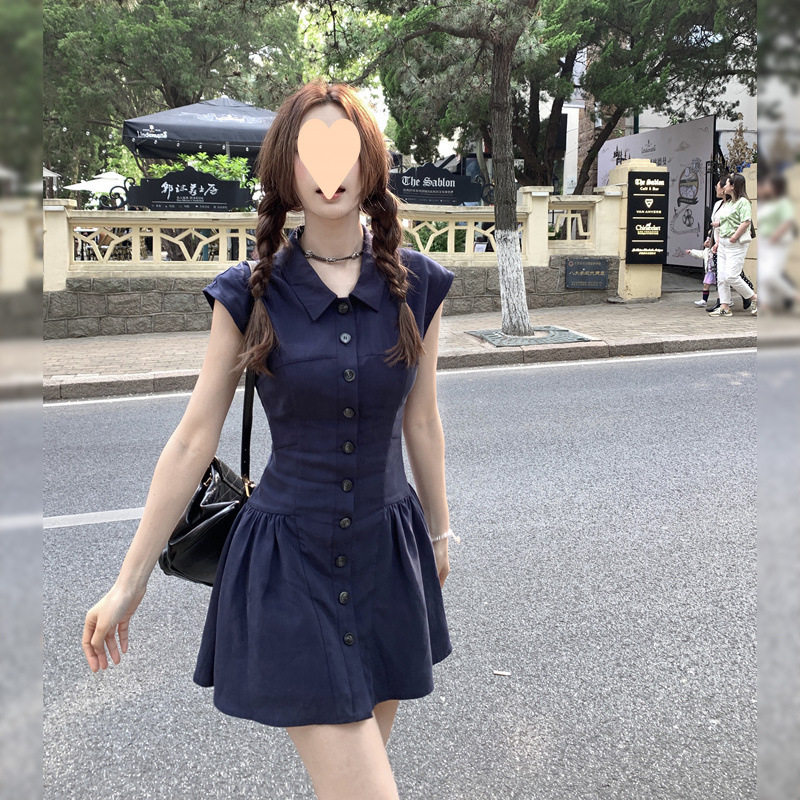 学院风蓝色POLO领显瘦连衣裙