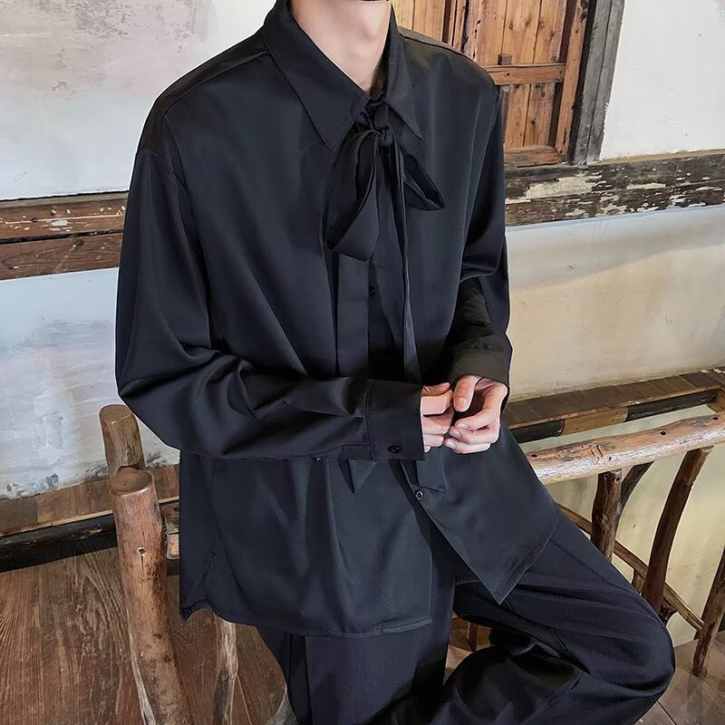 新中式冰丝白领带长袖西服衬衫男