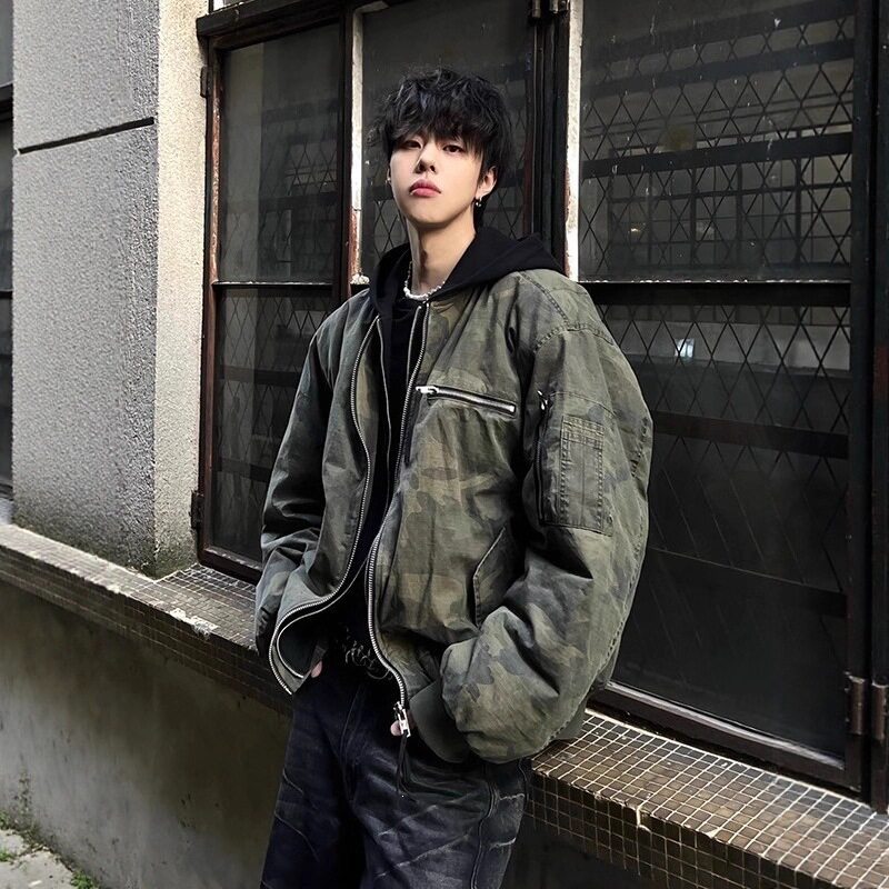 美式飞行员迷彩棉服男款冬季加厚假两件连帽棉衣潮牌痞帅炸街外套