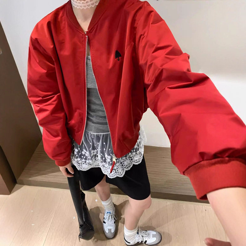 韩版短款红色棒球服女秋小个子