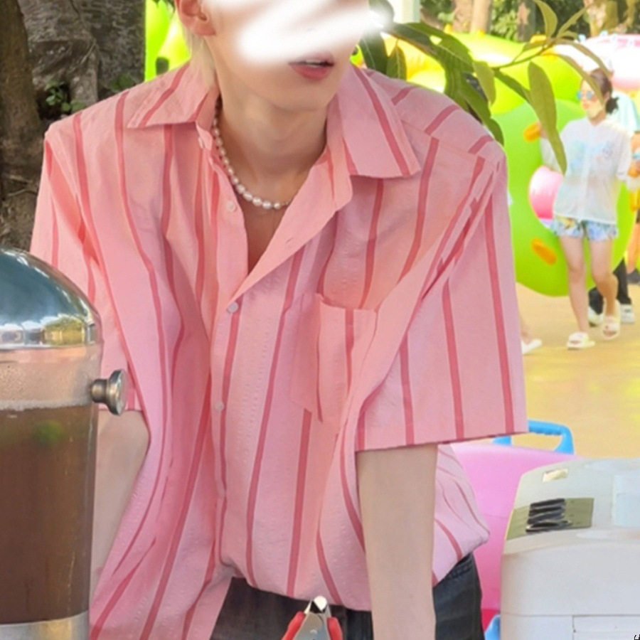 美式粉色条纹夏季薄款短袖衬衫男